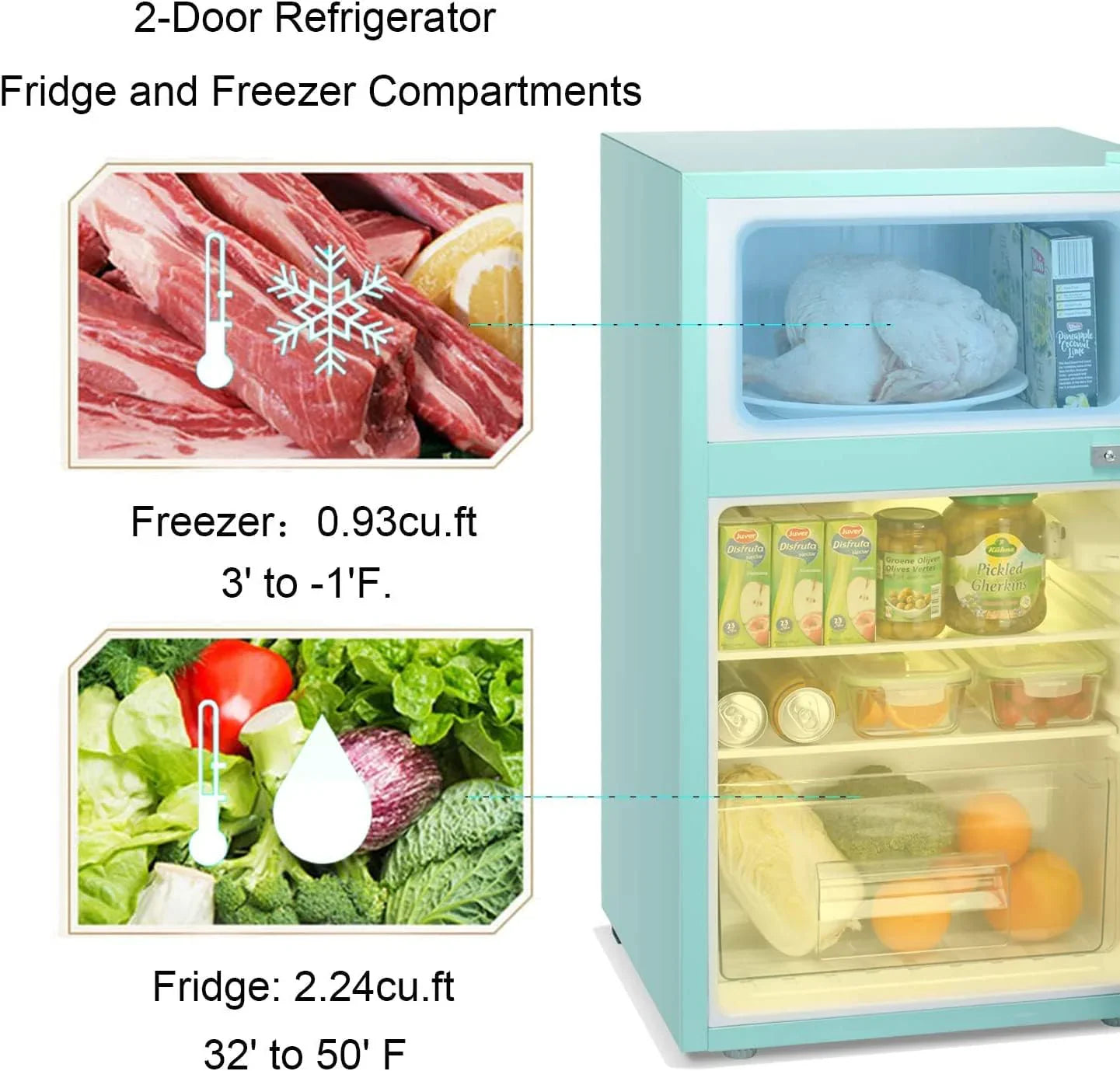 2025 Refrigerador compacto Antarctic Star con congelador separado, mini nevera de doble puerta, estantes ajustables y desmontables, estilo retro de acero inoxidable, para sala/cocina/dormitorio/oficina, 3,2 pies³, verde
