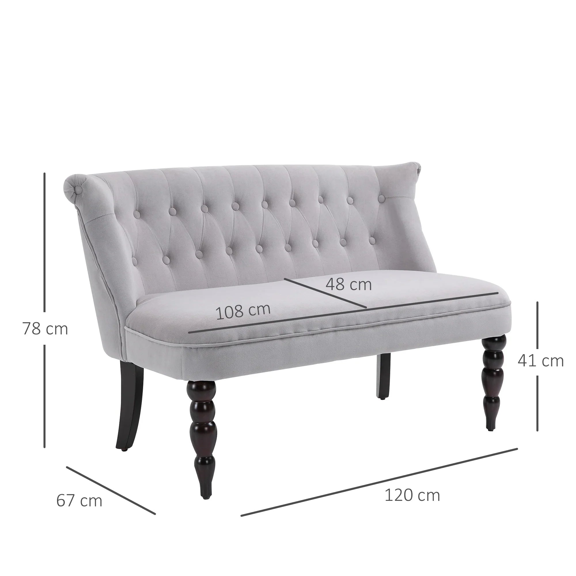 Sofá loveseat vintage, sillón capitoné con patas talladas y marco de madera, gris