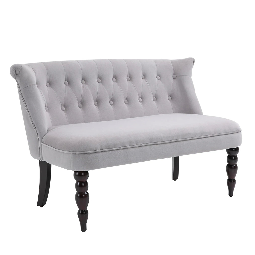 Sofá loveseat vintage, sillón capitoné con patas talladas y marco de madera, gris