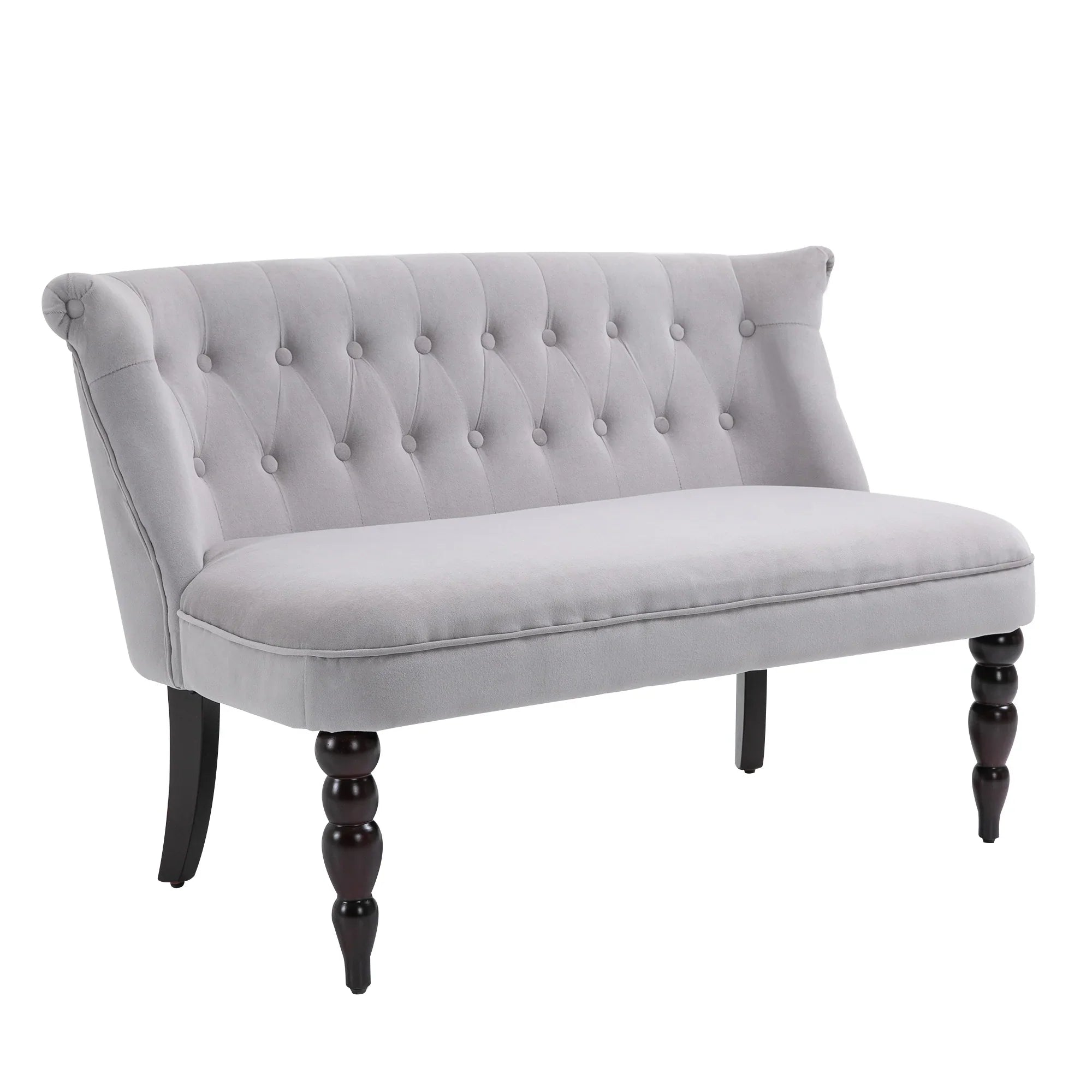 Sofá loveseat vintage, sillón capitoné con patas talladas y marco de madera, gris
