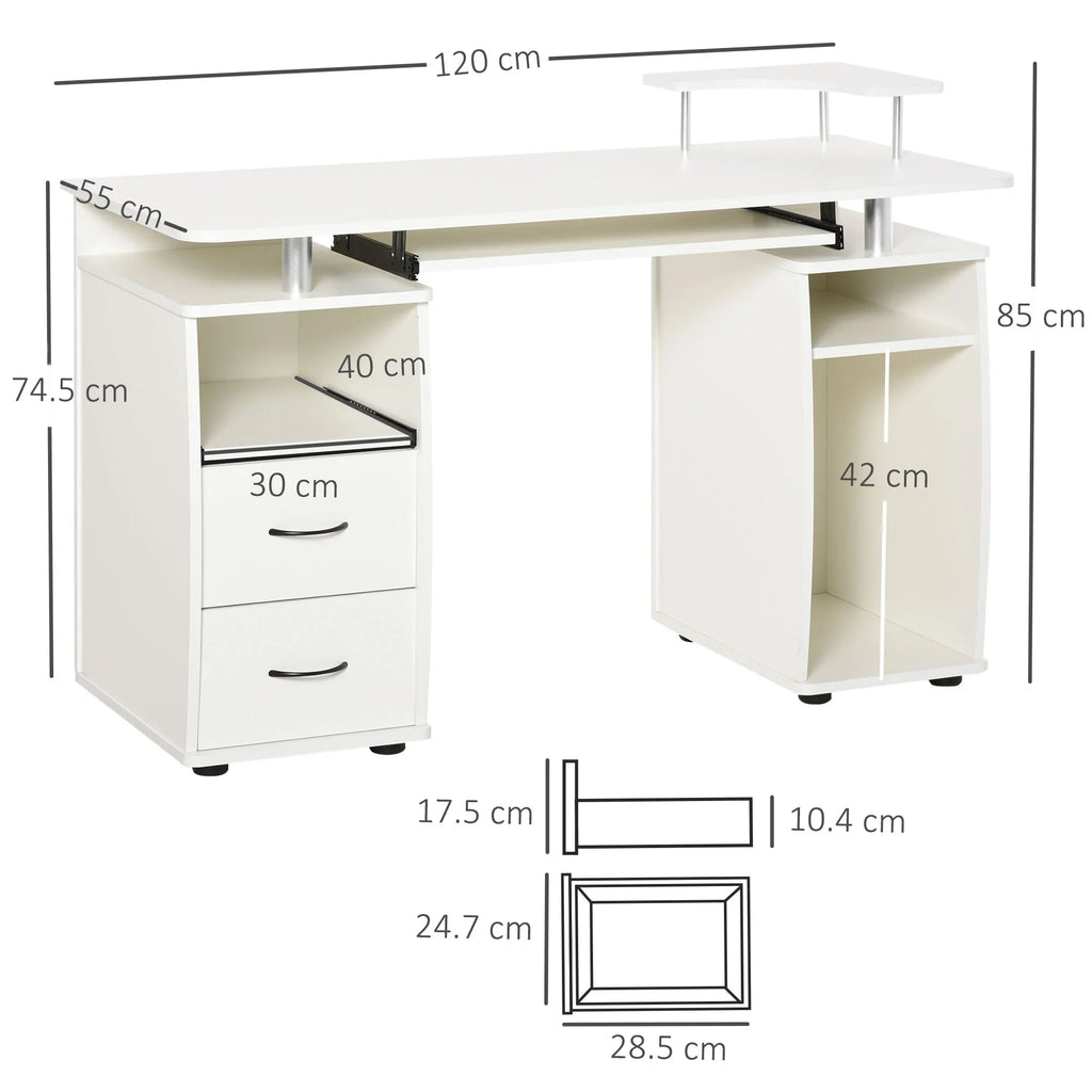 Escritorio de Ordenador para Oficina – Mesa de PC con Cajón para Teclado, Estante Deslizante para Escáner, Blanco