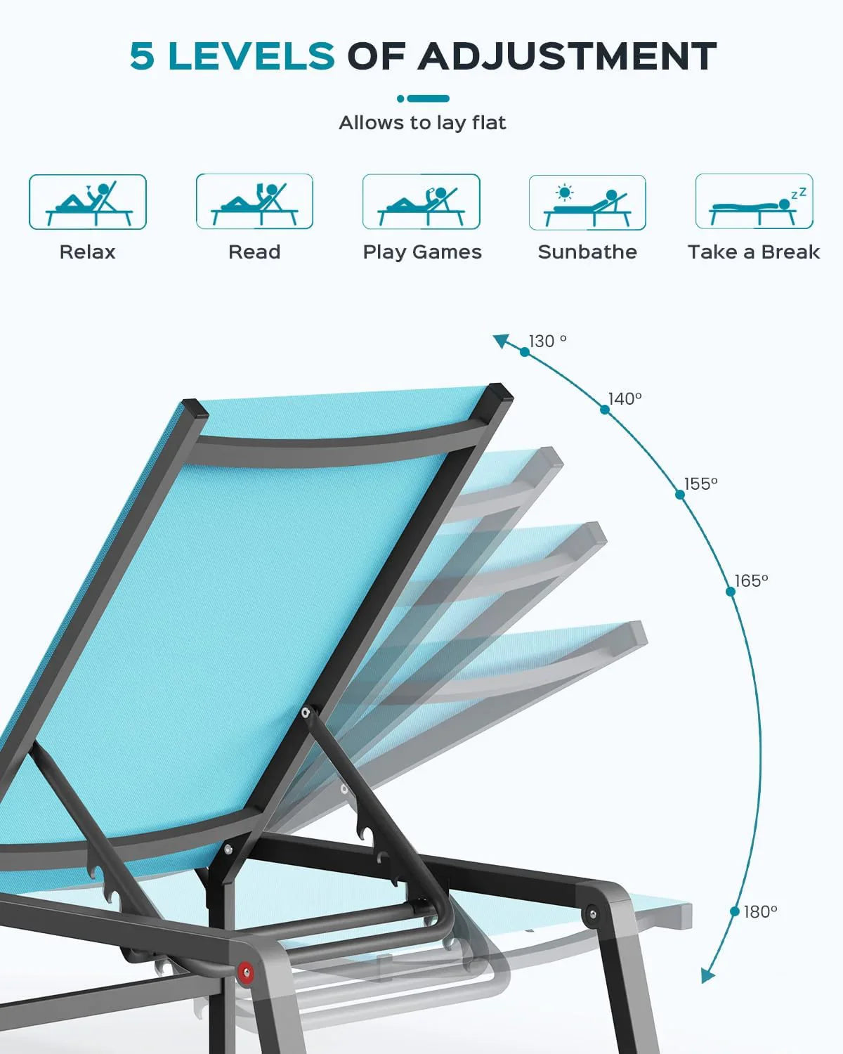 Tumbona de Aluminio para Exterior – Silla de Jardín Plegable sin Montaje, con Respaldo Ajustable en 5 Posiciones, para Terraza, Piscina, Playa – Negra