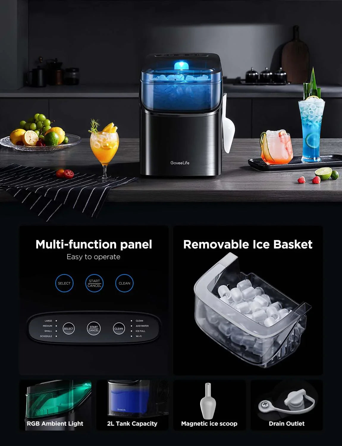 2025 GoveeLife Máquina de Hielo Inteligente con Control por Voz – 9 Cubos en 6 Minutos, 3 Tamaños, 12 kg/24h, Autolimpiante, Iluminación RGB, Silenciosa, con Pala – Negra