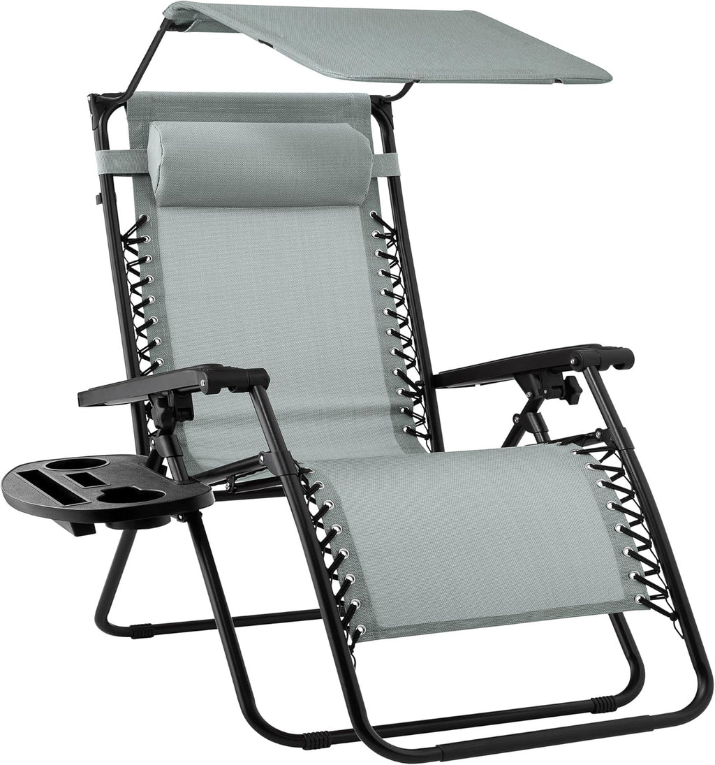 Best Choice Products – Silla Reclinable de Patio con Gravedad Cero, Ajustable y Plegable para Exteriores con Dosel, Almohada Cervical y Bandeja Lateral, Textileno – Azul Pavo Real