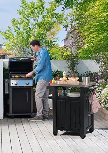 Keter Unity Mesa Portátil para Exterior y Gabinete de Almacenamiento con Ganchos para Accesorios de Parrilla - Superficie de Acero Inoxidable para Isla de Cocina o Carro de Bar en Patio, Gris Oscuro