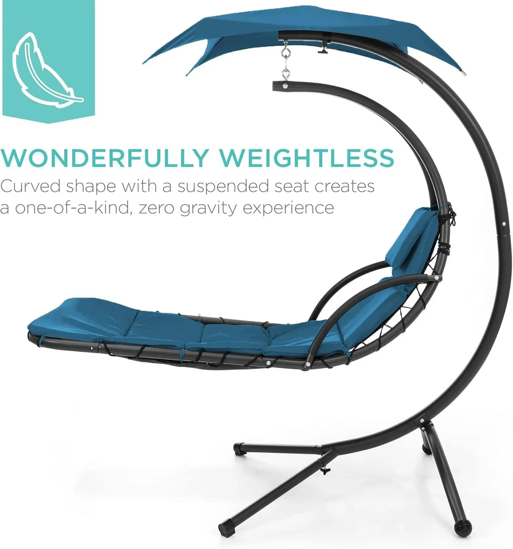 Chaise Longue Suspendue de Exterior Best Choice Products – Silla Balancín Curvada de Acero con Cojín Integrado y Toldo Desmontable – Gris Carbón