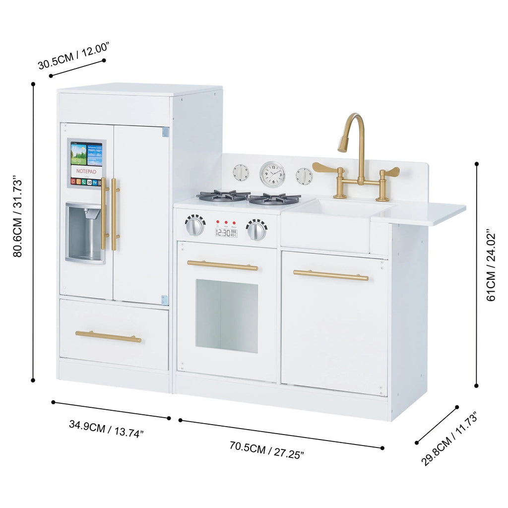 2025 Cocina Moderna para Niños Teamson Little Chef Charlotte con Refrigerador Independiente, Unidad de Cocina Separada y Características Interactivas, Blanca/Dorada