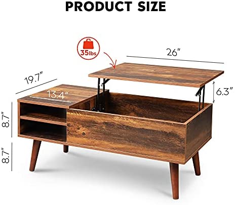 Mesa de Centro WLIVE con Tapa Elevable, Compartimento Oculto y Estante de Almacenamiento Ajustable