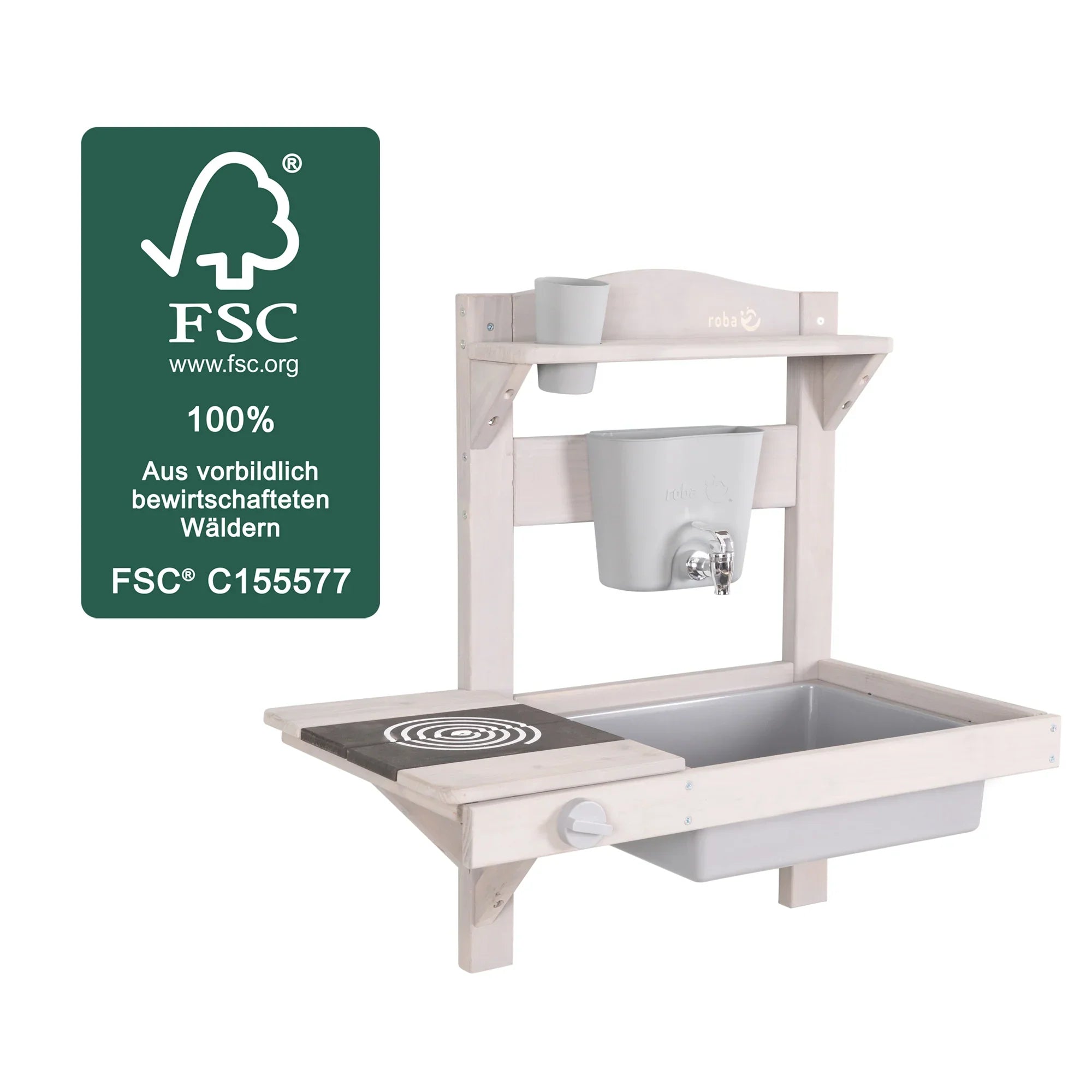 Cocina colgante de juego y barro con accesorios – Madera certificada FSC – Acabado en gris grabado