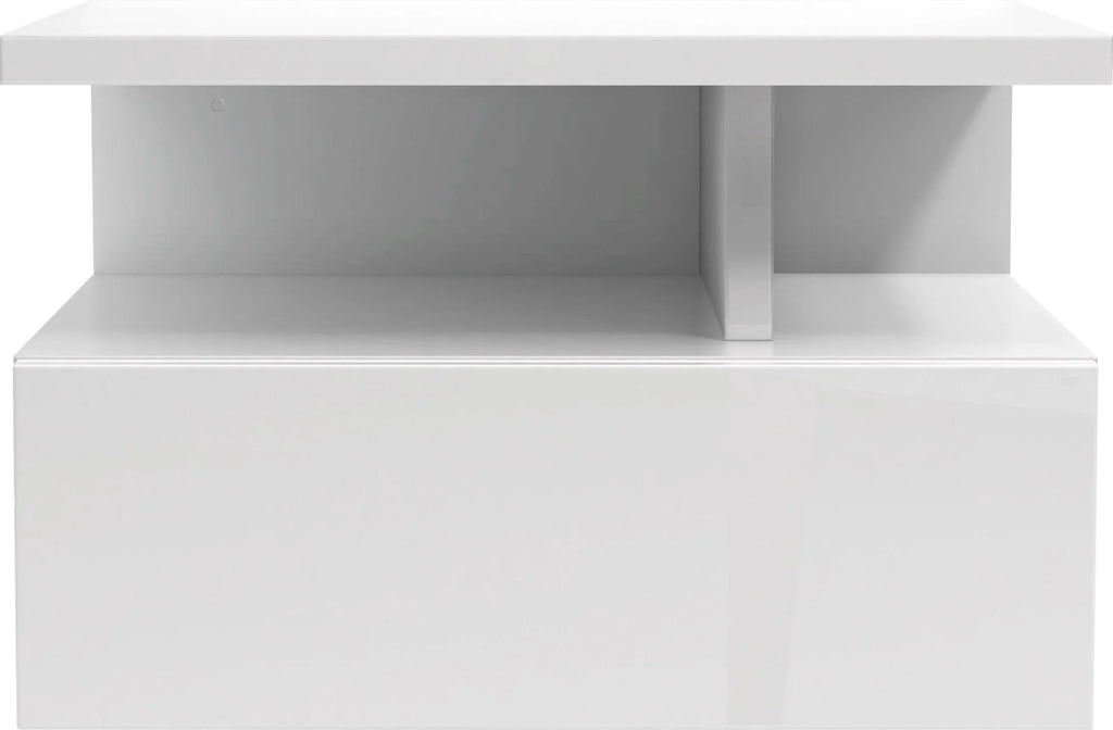 Mesita de noche suspendida Roma blanco brillante, con diseño minimalista de 35,5 cm de ancho