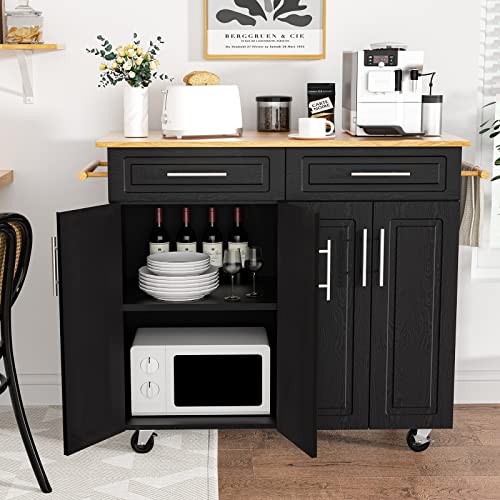 4 EVER WINNER Isla de Cocina Blanca con Almacenamiento sobre Ruedas, Carrito de Cocina Móvil con 2 Cajones y 4 Gabinetes de Almacenaje, Encimera de Madera, Barras para Toallas, Estantes Ajustables