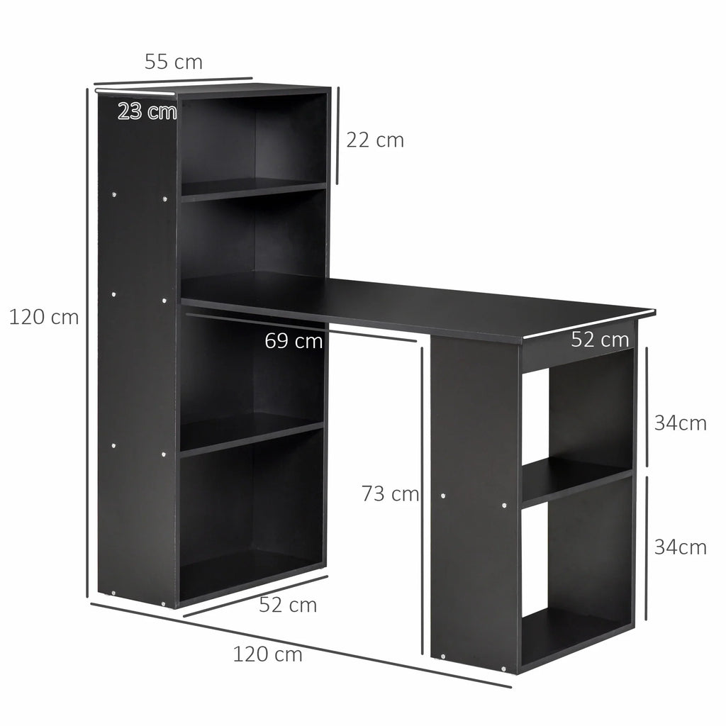 Escritorio de Ordenador Moderno de 120 cm con Estantería, Mesa de Estudio y Estación de Trabajo con 6 Estantes, Negro