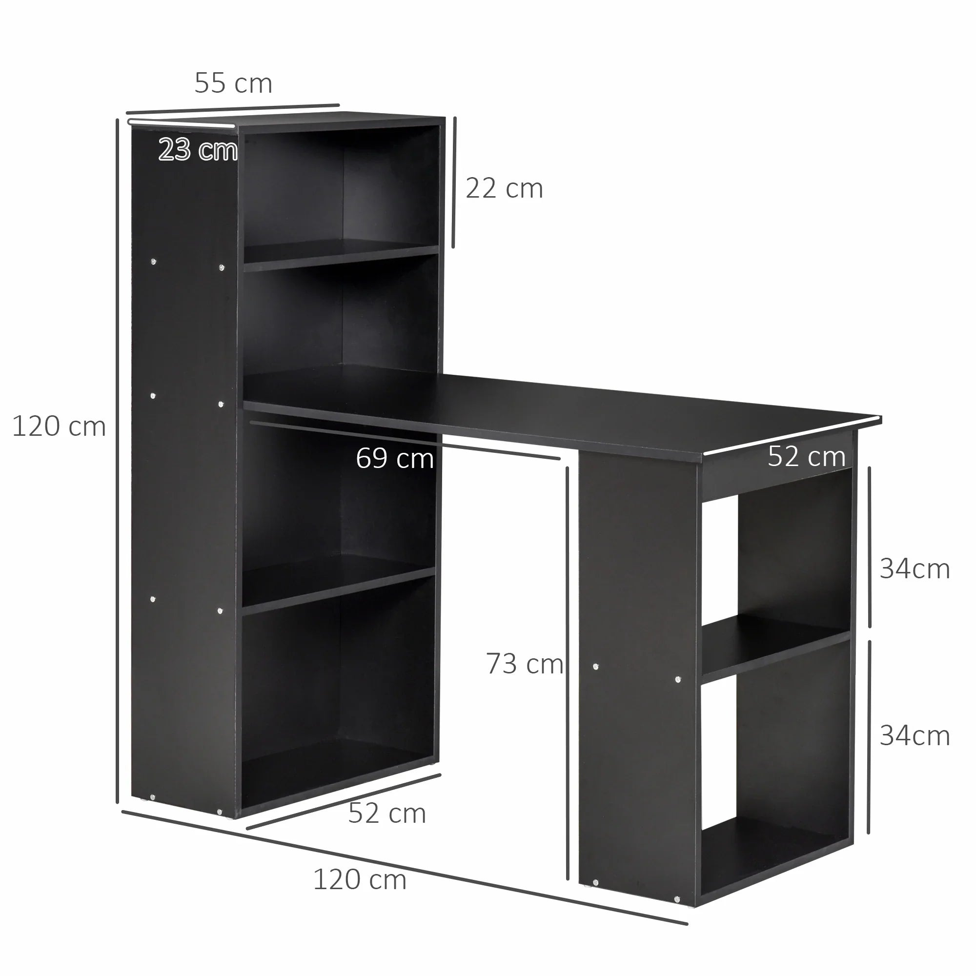 Escritorio de Ordenador Moderno de 120 cm con Estantería, Mesa de Estudio y Estación de Trabajo con 6 Estantes, Negro