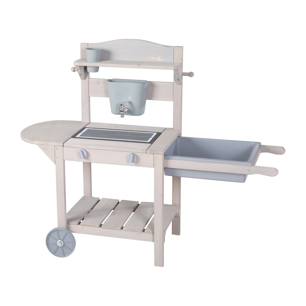 Cocina móvil de juego "Mud & Play BBQ" para niños – Madera certificada FSC – Acabado en gris grabado