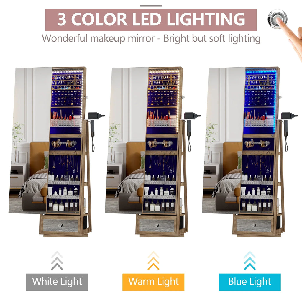 Joyero giratorio de 360° con espejo, luces LED y cerradura – Color marrón
