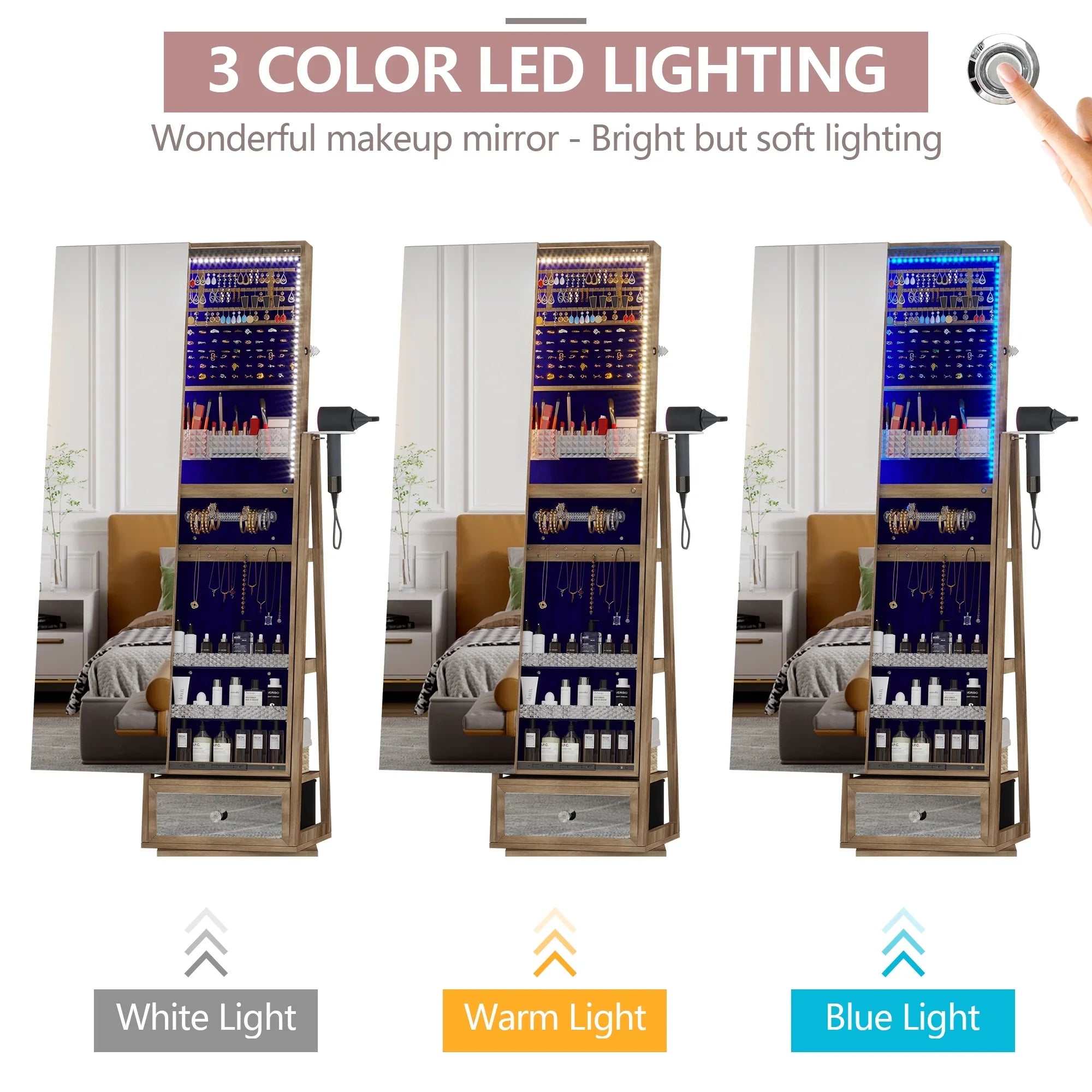 Joyero giratorio de 360° con espejo, luces LED y cerradura – Color marrón