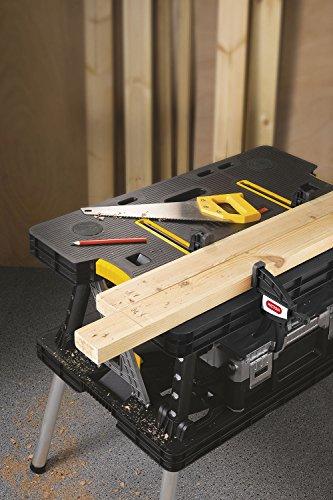 Keter – Mesa de Trabajo Plegable para Banco de Sierra de Ingletes, Herramientas y Accesorios de Carpintería con Abrazaderas de Madera de 12 Pulgadas Incluidas – Almacenamiento Fácil para el Garaje, Negro/Amarillo