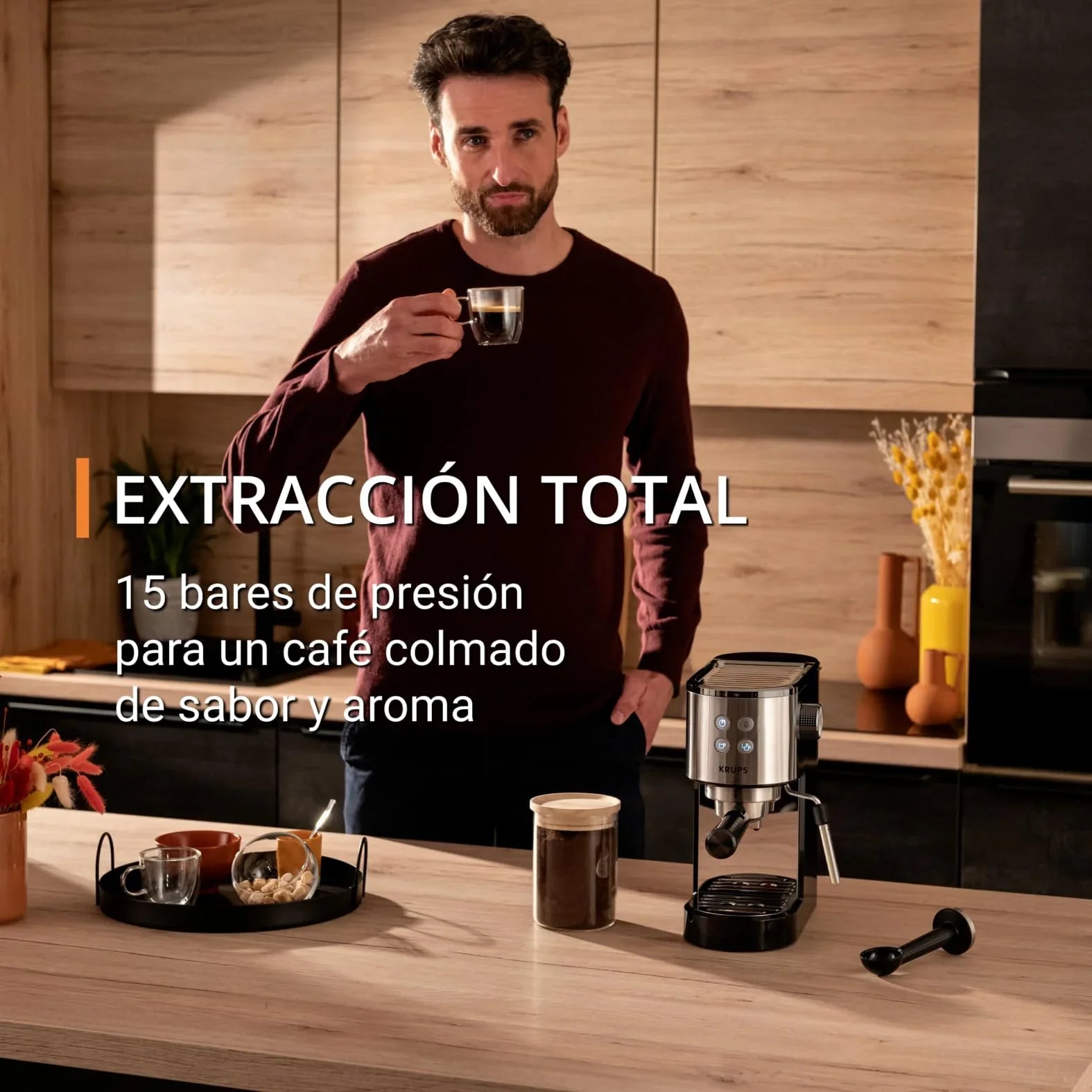Krups Virtuoso Essential - Cafetera espresso 15 bar, acero inox negro, diseño compacto y elegante, parada automática, espresso y cappuccino, Thermoblock, boquilla de vapor, incluye cuchara, XP4418