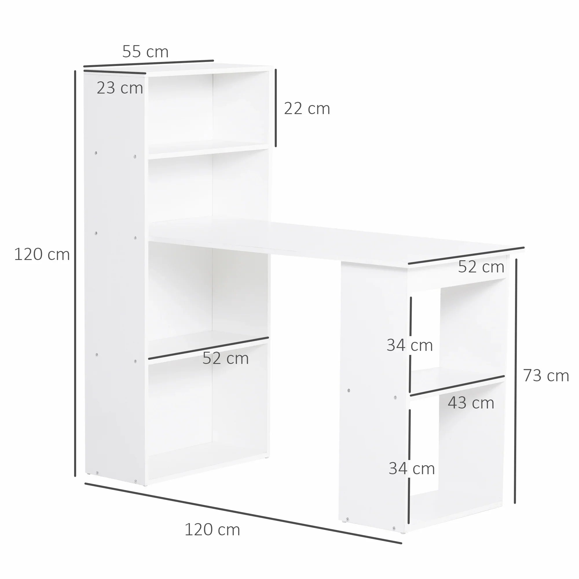 Escritorio de Ordenador Moderno de 120 cm con Estantería, Mesa de Estudio y Estación de Trabajo con 6 Estantes, Blanco