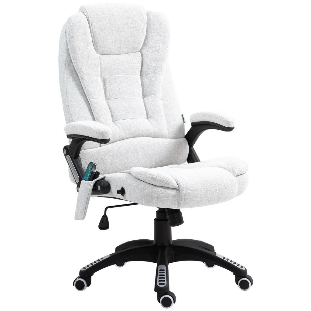Silla de Oficina Ergonómica con Masaje de 6 Puntos y Calefacción en la Espalda, Tela Tipo Lino, Blanco Crema