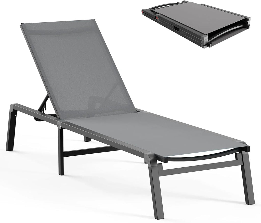 Tumbona de Aluminio para Exterior – Silla de Jardín Plegable sin Montaje, con Respaldo Ajustable en 5 Posiciones, para Terraza, Piscina, Playa – Negra