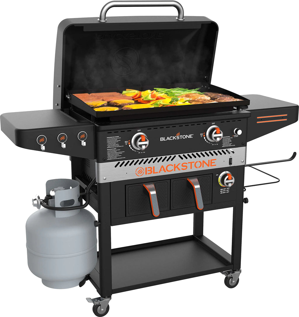 Blackstone 1962 Combo Freidora de Aire + 2 Quemadores con Campana de Acero Inoxidable, Ruedas y Estantes Laterales Dobles – Estación de Cocina Exterior Robusta de 28 Pulgadas para Jardín y Terraza – Negra