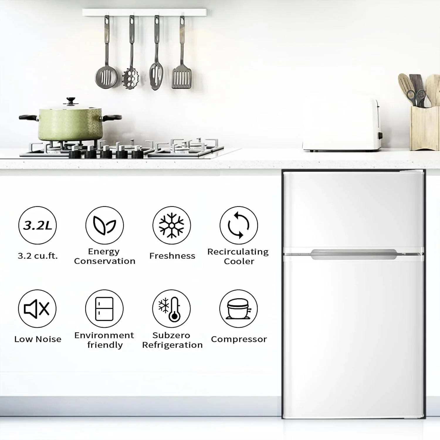 2025 Refrigerador compacto Antarctic Star con congelador separado, mini nevera de doble puerta, estantes ajustables y desmontables, estilo retro de acero inoxidable, para sala/cocina/dormitorio/oficina, 3,2 pies³, verde