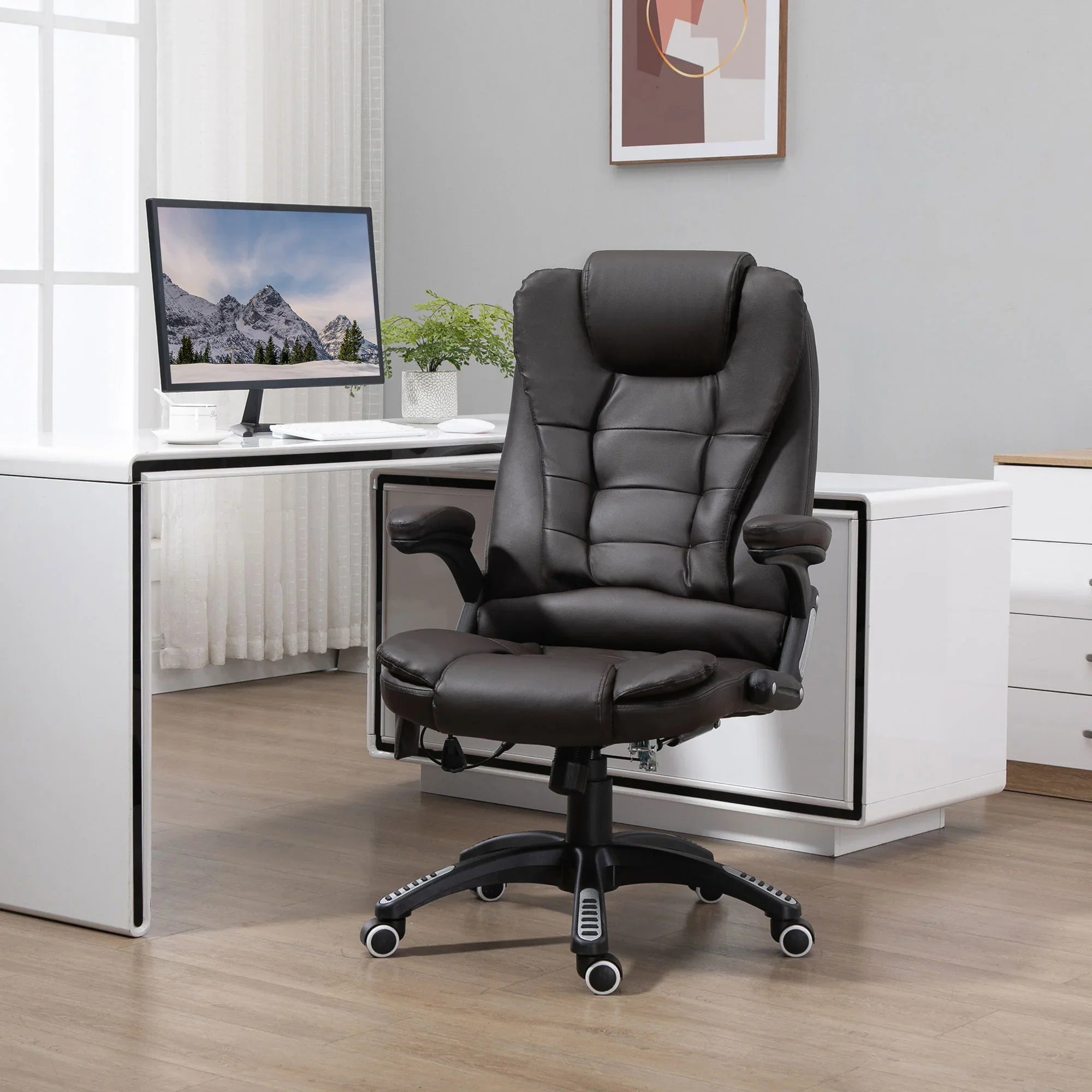 Silla de oficina ejecutiva con masaje y calefacción, sillón de oficina de cuero PU con respaldo alto, marrón