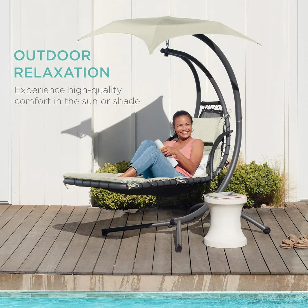 Chaise Longue Suspendue de Exterior Best Choice Products – Silla Balancín Curvada de Acero con Cojín Integrado y Toldo Desmontable – Gris Carbón