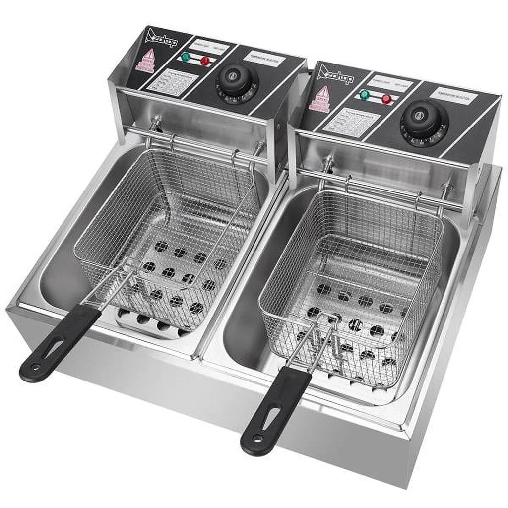 Freidora eléctrica de sobremesa con doble tanque de acero inoxidable - Gran capacidad - Electrodoméstico de sobremesa - Freidora industrial con tanque grande para papas fritas (12.7 cuartos/12 L, 5000 W)