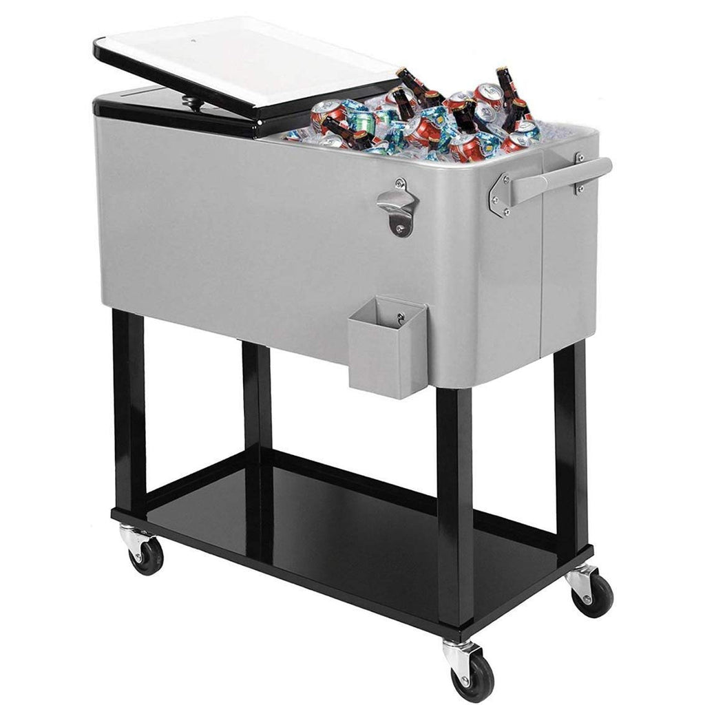 Enfriador con ruedas de 80 cuartos / 20 galones para patio al aire libre, gris, carrito portátil para bebidas frías con estante, soporte y abridor de botellas