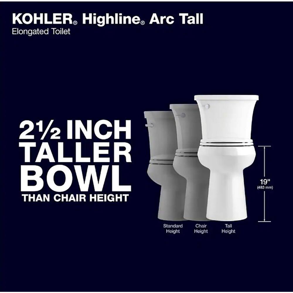 Inodoro KOHLER Extra Alto Highline Arc de Dos Piezas con Descarga Simple 1,28 GPF, Alargado, Blanco (Asiento Incluido)