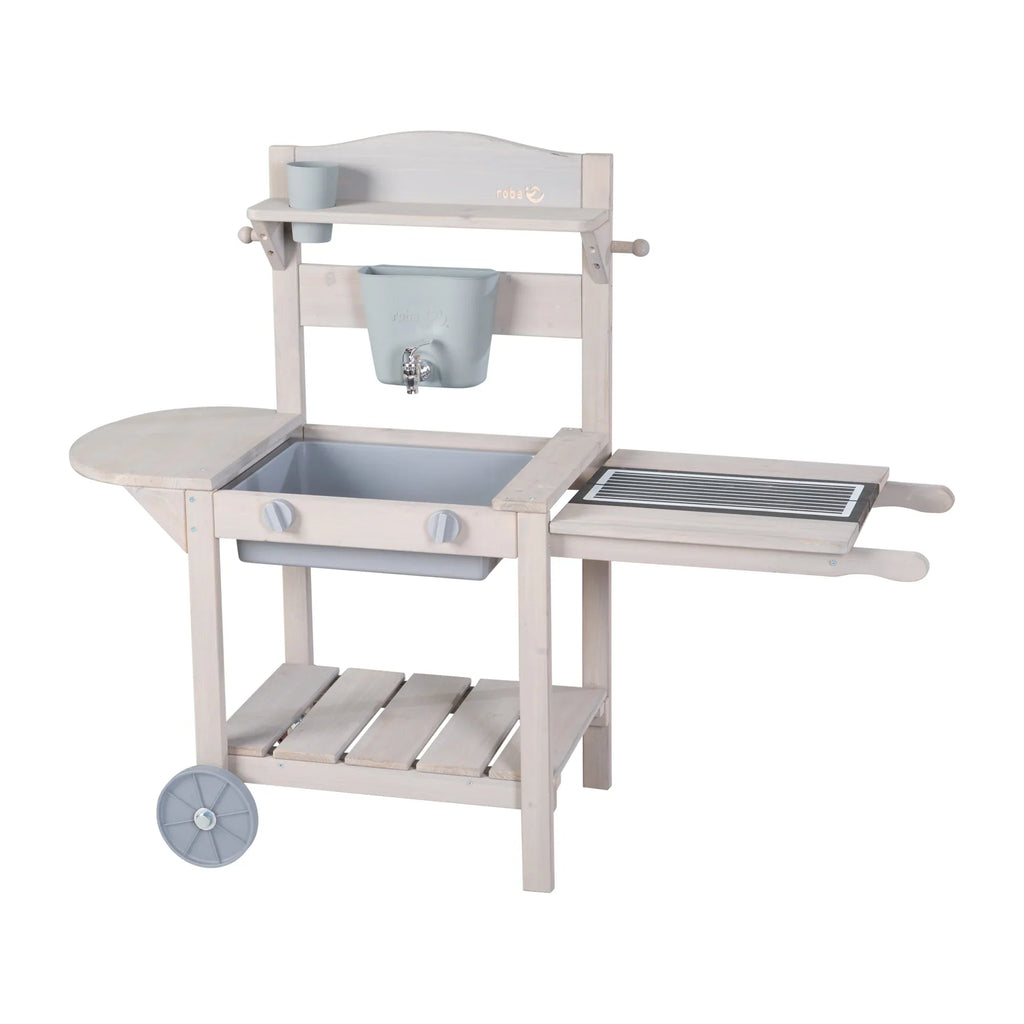 Cocina móvil de juego y barro con BBQ para niños - Madera certificada FSC - Acabado en gris grabado