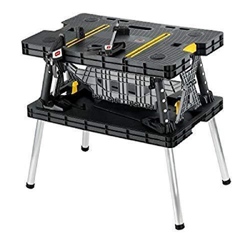 Keter – Banco de Trabajo Plegable Modelo 197283 para Sierra Ingleteadora, Herramientas y Accesorios de Carpintería con Abrazaderas de Madera de 12 Pulgadas Incluidas – Fácil Almacenamiento en Garage, Color Negro/Amarillo