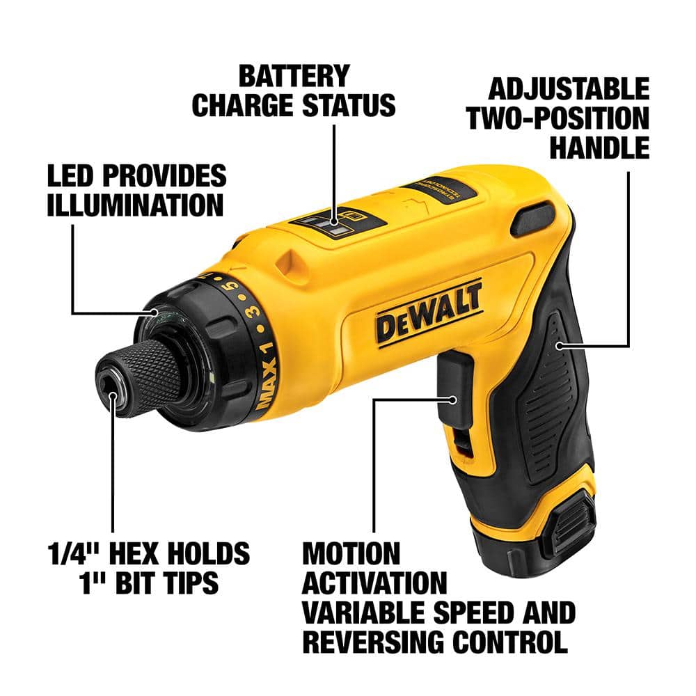 2025 Destornillador Giroscópico Inalámbrico 8V MAX con Mango Ajustable, (2) Baterías de 1.0Ah, Cargador y Bolsa DCF680N2