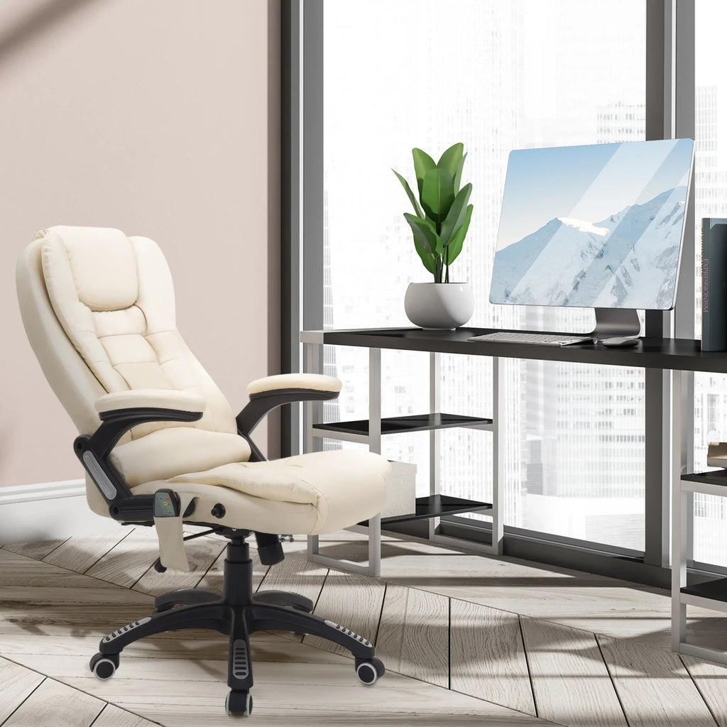 Silla de oficina ejecutiva con masaje y calefacción, sillón de oficina de cuero PU con respaldo alto, beige