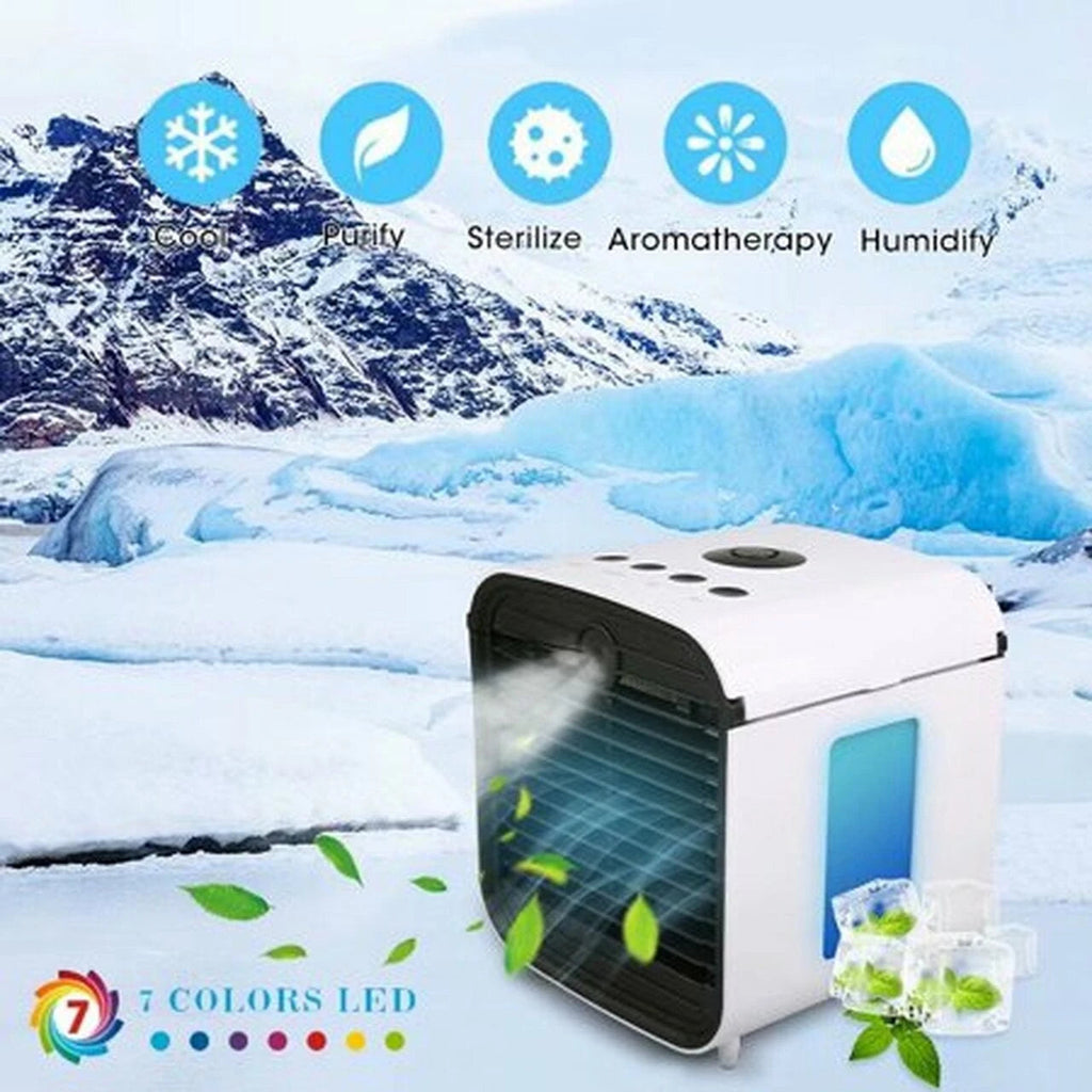Mini Ventilador Multifuncional de Aire Acondicionado con LED, Humidificador, Purificador de Aire con Batería
