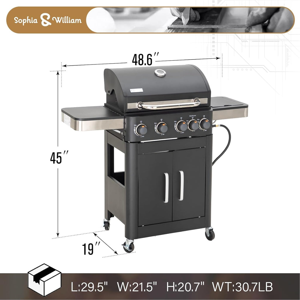 2025 Parrilla a Gas con Quemador Lateral y Parrilla de Hierro Fundido Esmalte Porcelánico 42,000 BTU, Parrilla Portátil de Acero Inoxidable, Propano