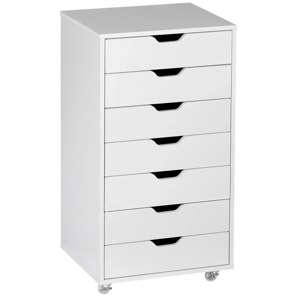 Cajonera Vertical de 7 Cajones, Mueble de Oficina Móvil con Ruedas, Blanco
