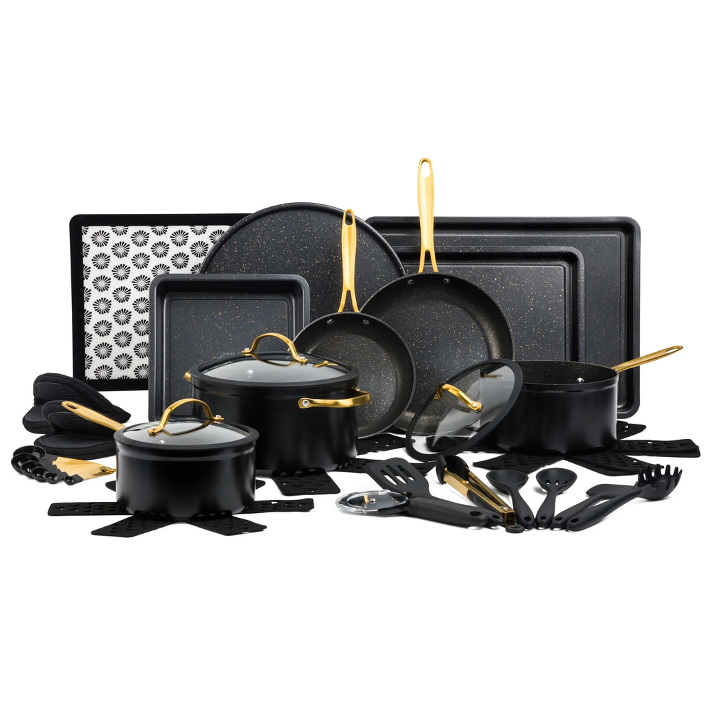 Juego de utensilios de cocina antiadherentes Thyme & Table de 32 piezas, color negro
