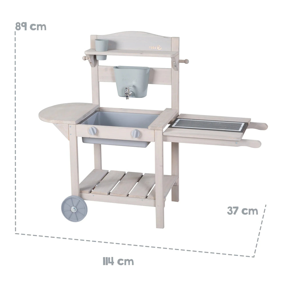 Cocina móvil de juego "Mud & Play BBQ" para niños – Madera certificada FSC – Acabado en gris grabado