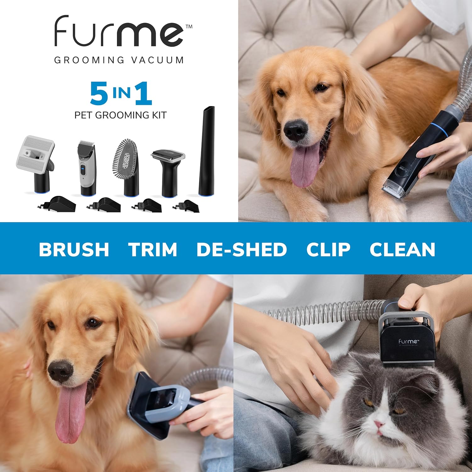 2025 Kit de Aspiradora para Acicalado Profesional Plus FurMe - 5 Herramientas para Mascotas con Contenedor de 2L