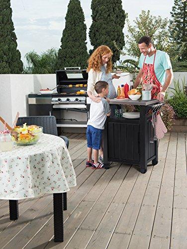 Keter Unity Mesa portátil al aire libre y gabinete de almacenamiento con ganchos para accesorios de parrilla: superficie de acero inoxidable para isla de cocina en patio o carrito de barra, color gris oscuro