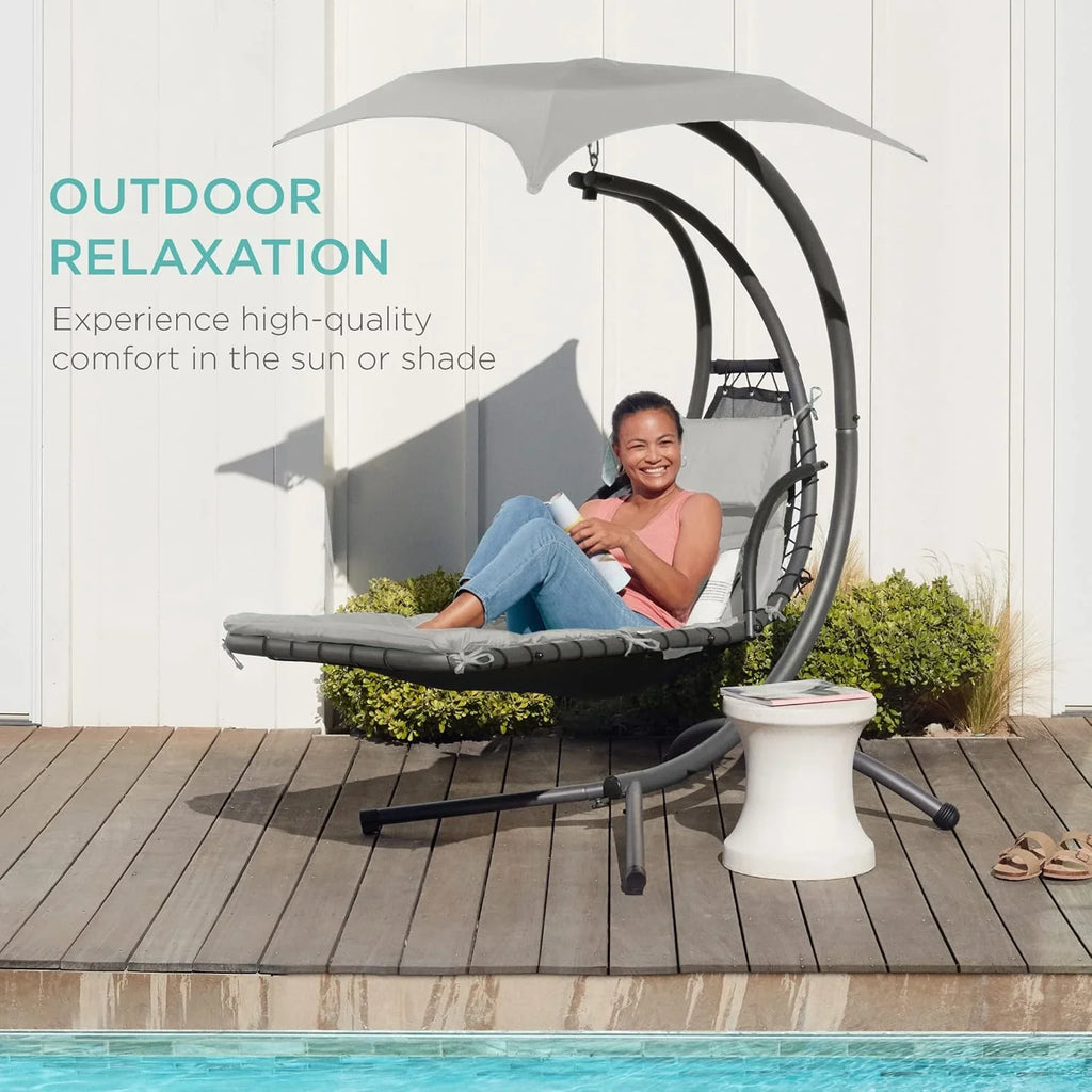 Chaise Longue Suspendue de Exterior Best Choice Products – Silla Balancín Curvada de Acero con Cojín Integrado y Toldo Desmontable – Gris Carbón