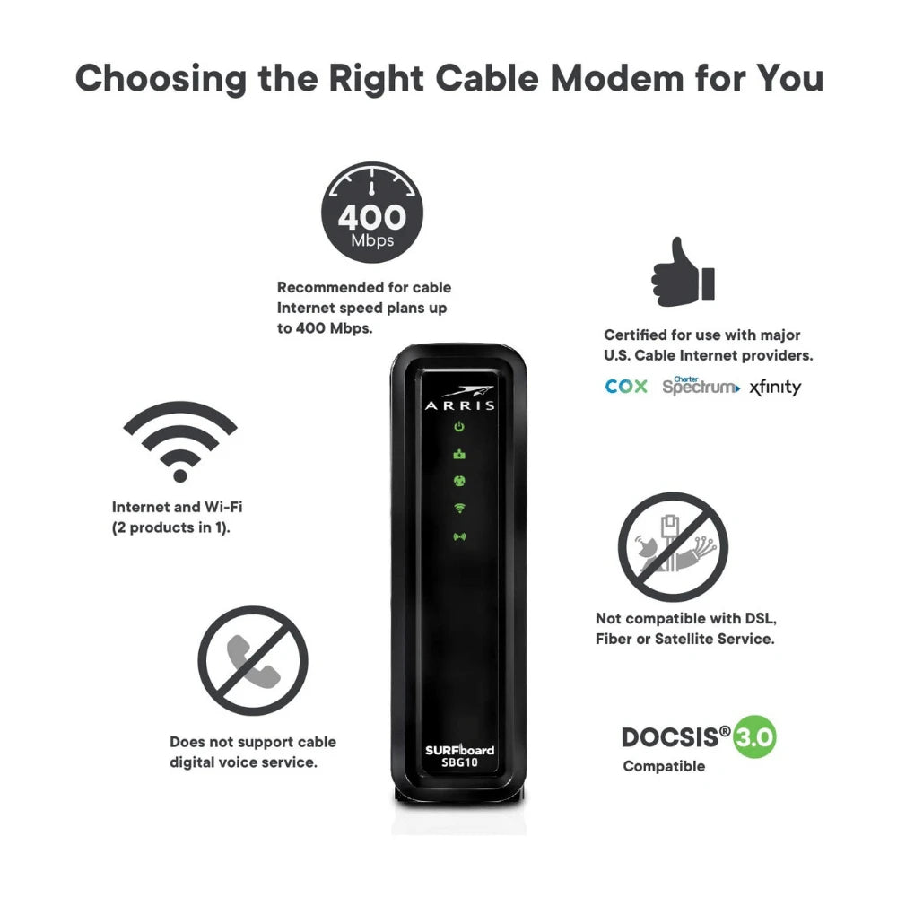 2025 Arris SURFboard SBG10 Módem de Cable DOCSIS 3.0 y Router Wi-Fi Dual Band AC1600