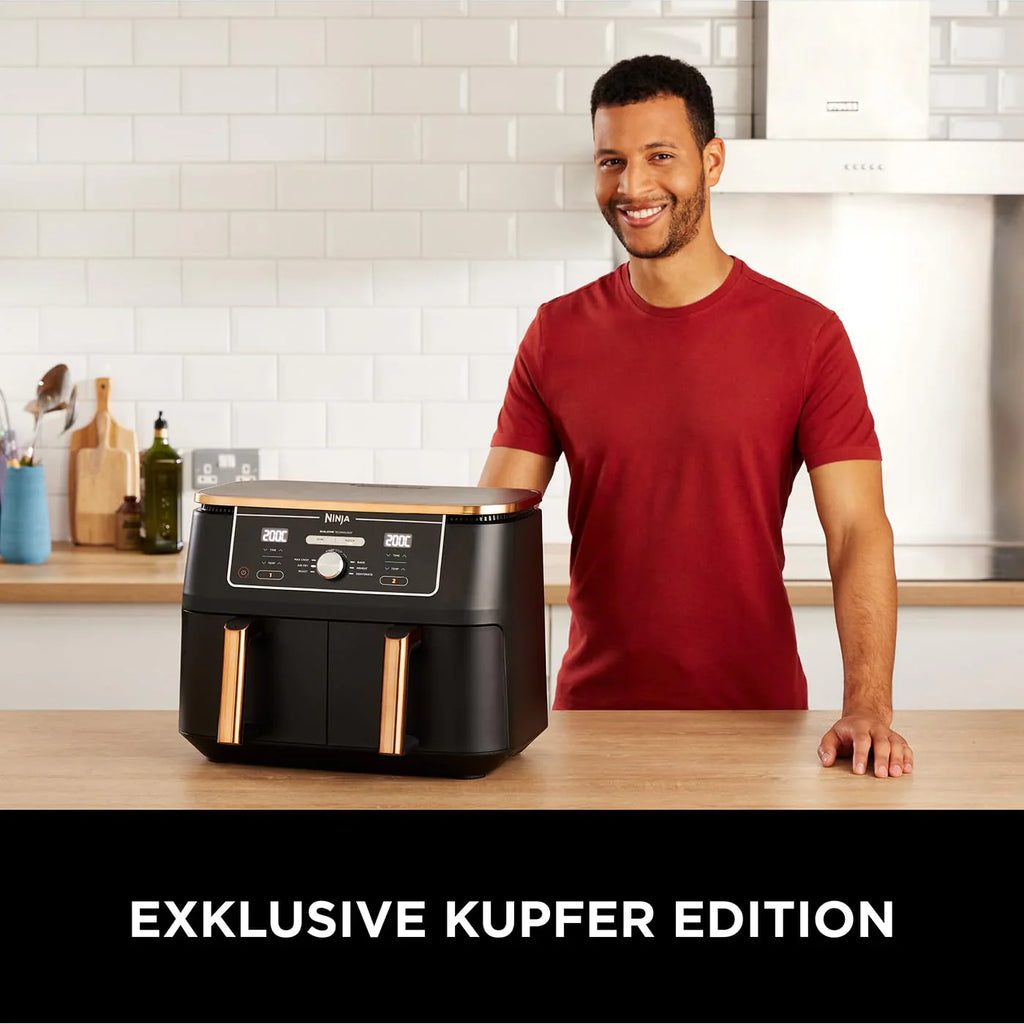 2025 Ninja Foodi MAX Freidora de Aire Doble Zona, 9,5 L, 2 Compartimentos, con Pinza, Recubrimiento Antiadherente, Cestas Aptas para Lavavajillas, 6 en 1, Exclusividad Amazon, Cobre/Negro AF400EUCP