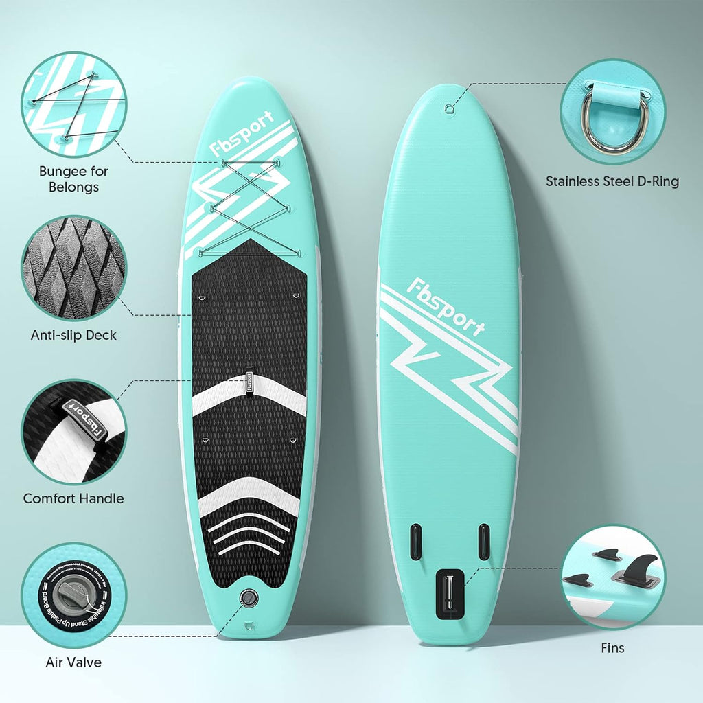Tabla de Paddle Premium FBSPORT de 11 pulgadas, tabla de yoga con accesorios SUP y bolsa de transporte, postura ancha, control de surf, cubierta antideslizante, correa, remo y bomba para jóvenes y adultos