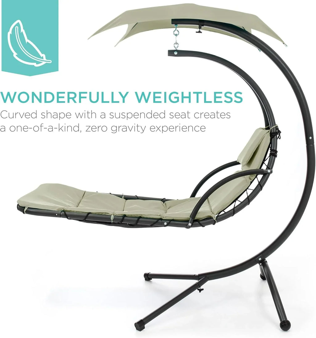 Chaise Longue Suspendue de Exterior Best Choice Products – Silla Balancín Curvada de Acero con Cojín Integrado y Toldo Desmontable – Gris Carbón