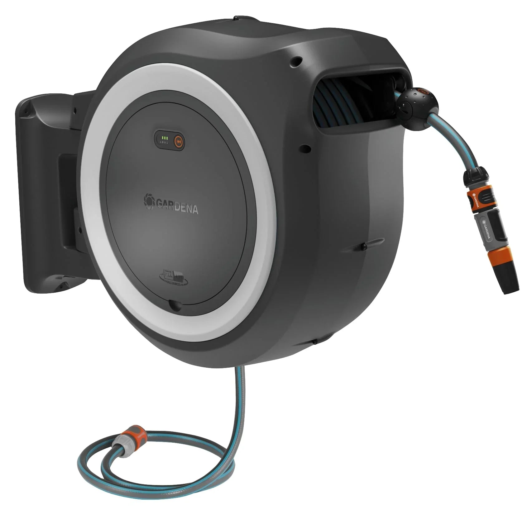 2025 Caja de Pared con Batería Gardena PowerRoll XL Lista para Usar: Enrollador Automático con Manguera de Jardín de 35 m, Guía de Manguera y RollControll, Kit Completo con Batería (18642-20)