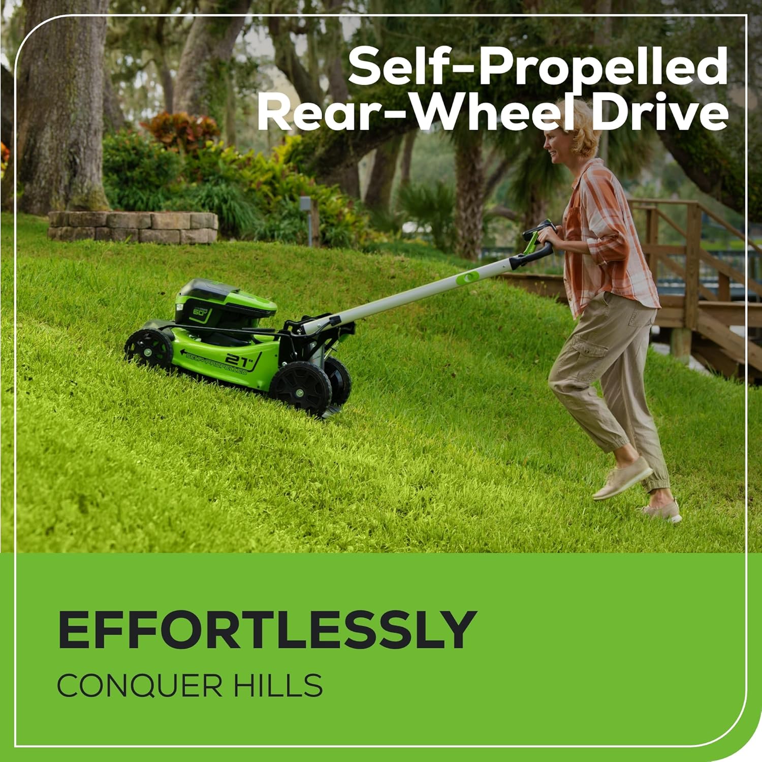 2025 Cortacésped Autopropulsado Inalámbrico Greenworks 60V 21” con 2 Baterías de 4.0Ah y Cargador Rápido de Doble Puerto